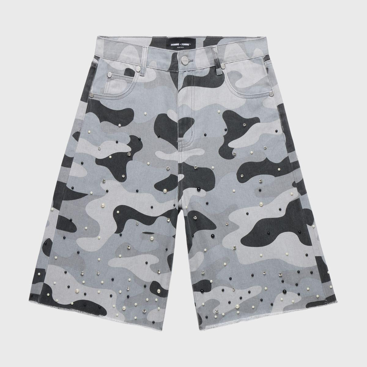 Homme + Femme Snow Camo Gemstone Denim Shorts